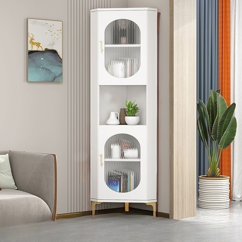 Gold Corner Modern Accent Cabinet with Glass Doors and Exterior Shelving