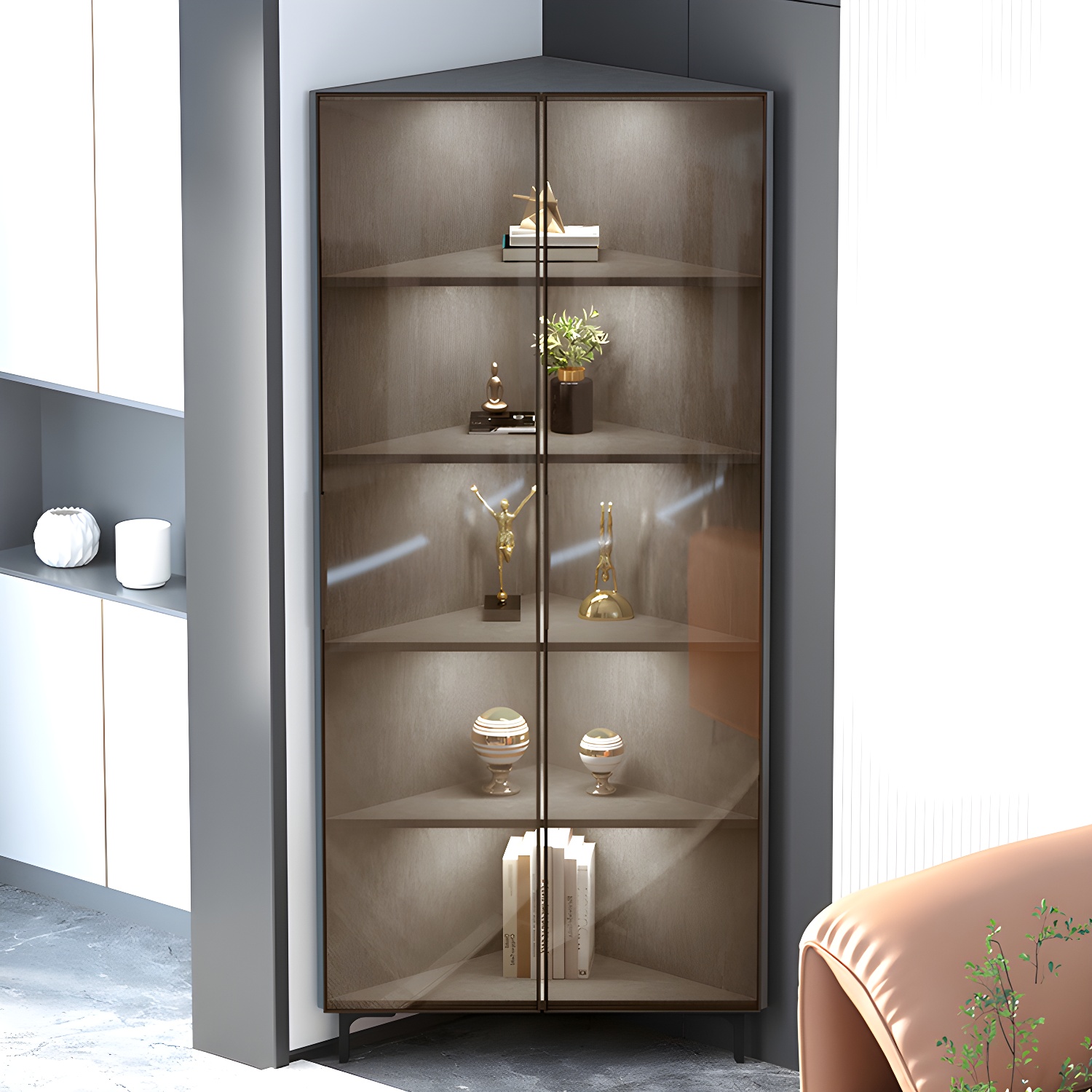 Modern Black Corner Accent. Wood Countertop. Glass Doors. Cabinets included - image 5