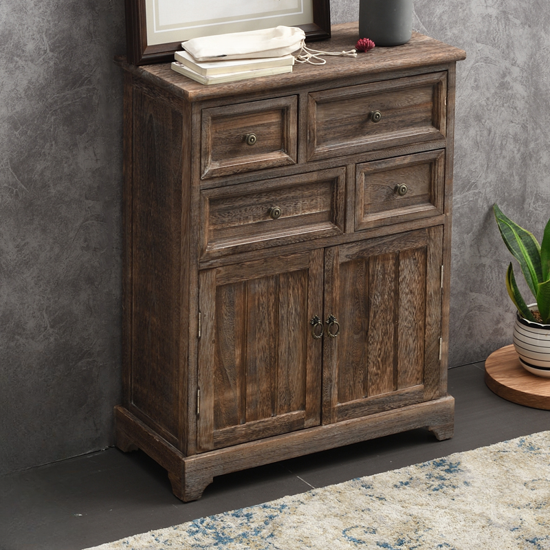 Industrial Detached Utility Cabinet with Distressed Wood and 4 Drawers Featuring Loop Pulls