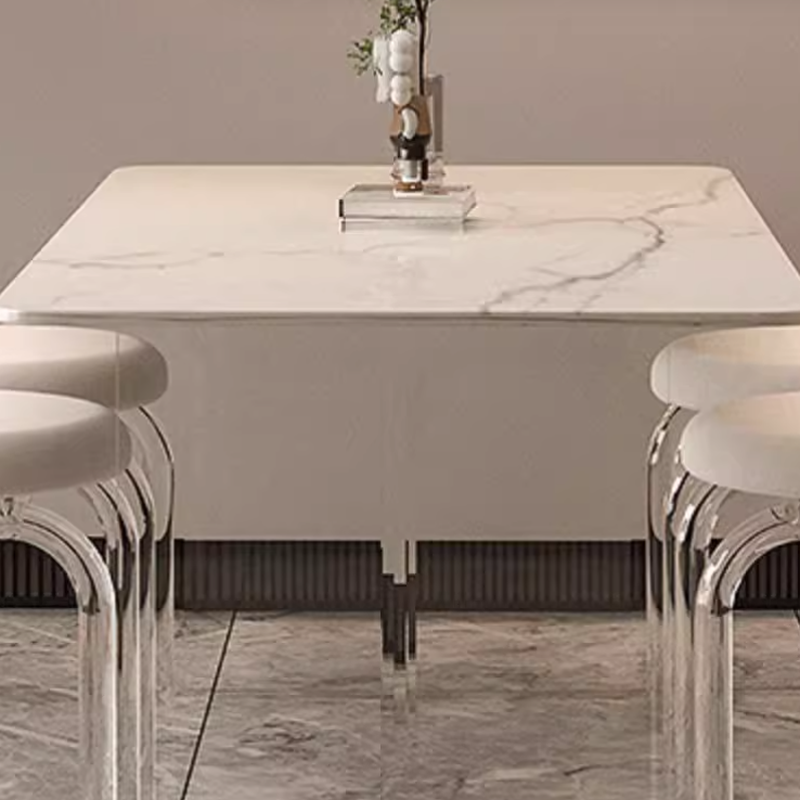 Dining Table Set with Rectangular White Slate Stone Top, Two-sided Pedestal Base, and Padded Chair with Back - image 7