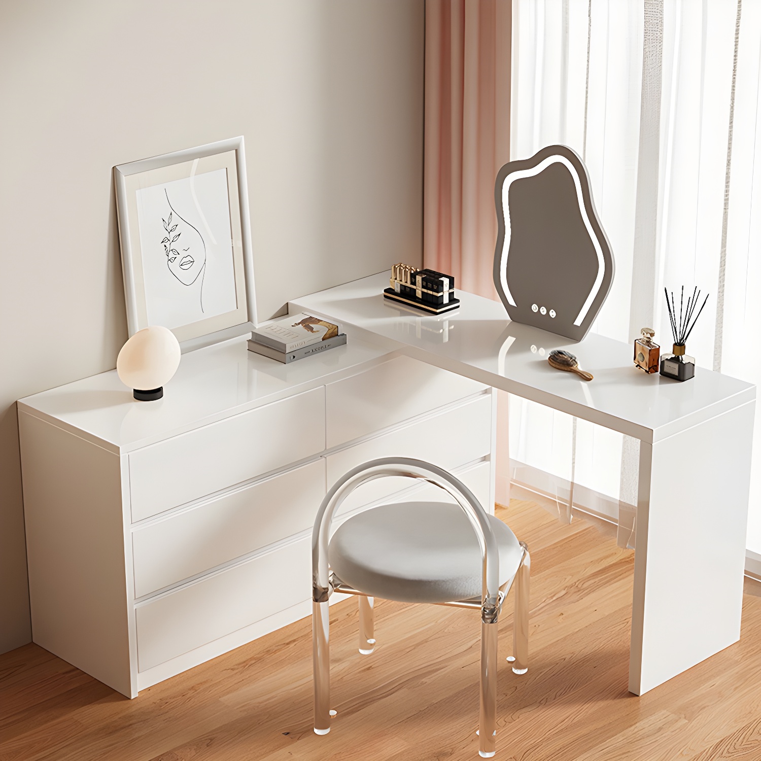 Contemporary White Wood Rectangle Top Make-up Vanity with Lighted Mirror - image 3