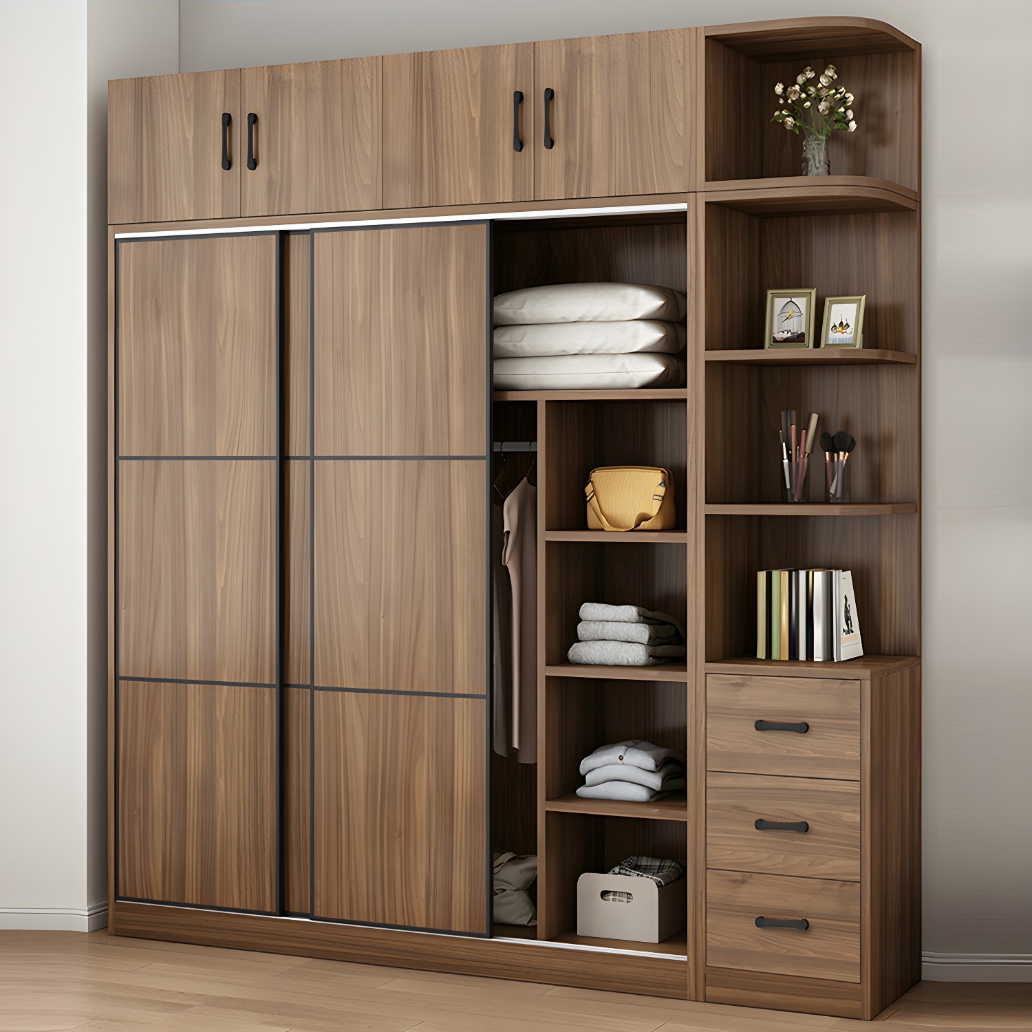 Non-Adjustable Traditional Brown Wood Wardrobe Armoire with Sliding Doors & Soft Close Drawers