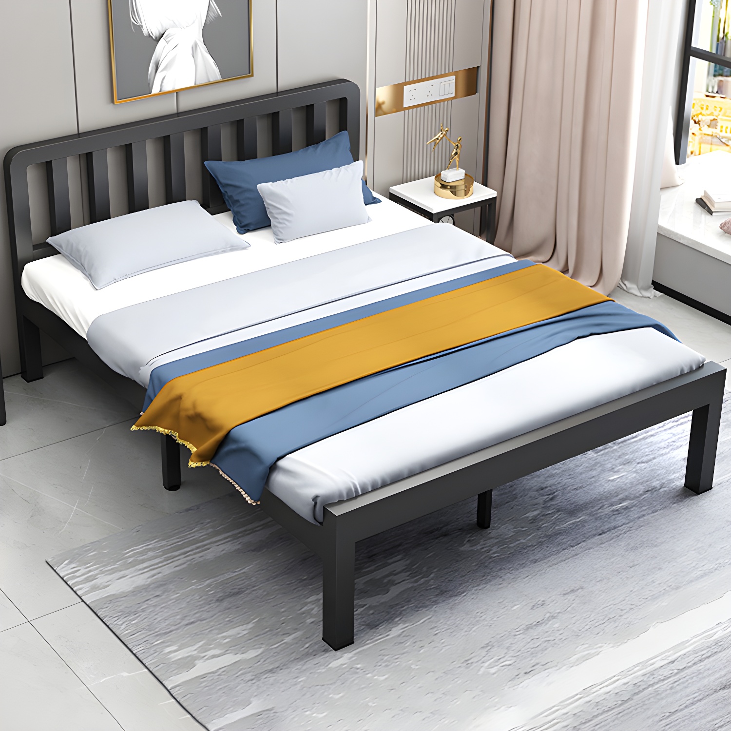 Contemporary Metal Bed Frame Solid Color Slat Bed with Custom Gold Legs - image 10