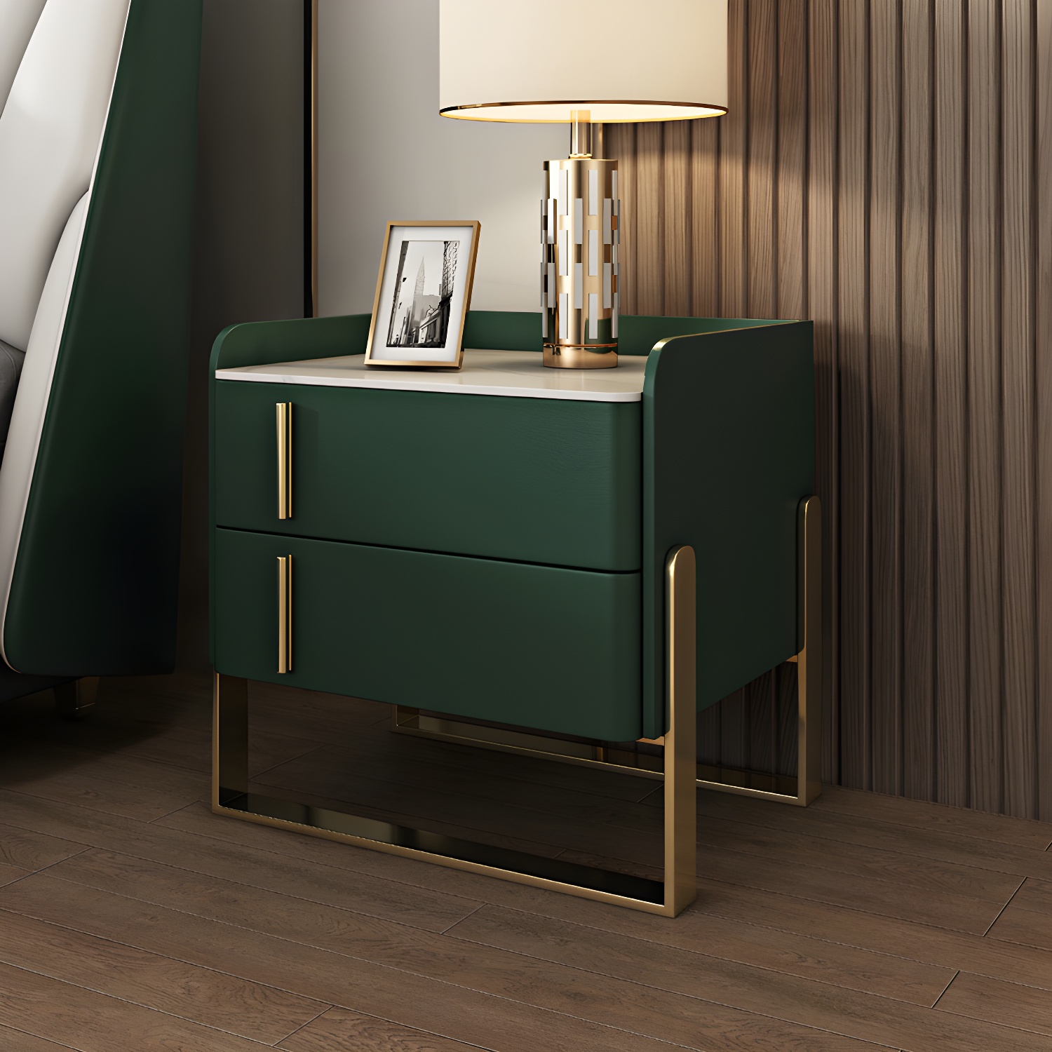 Glam Nightstand with 2 Drawer 20-inch Tall Leather Night Table - image 4