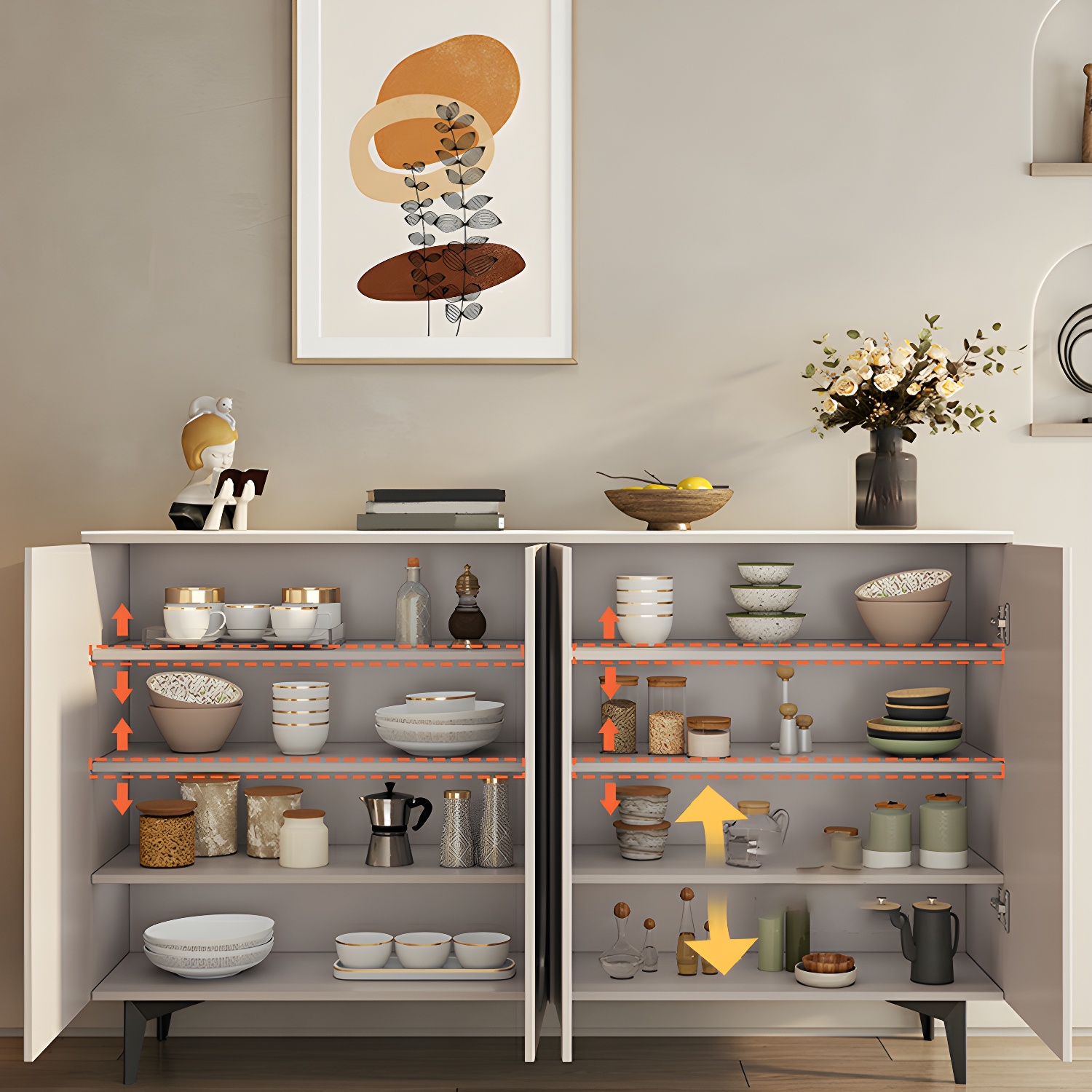 Modern White Wood Sideboard Credenza with Adjustable Shelving and 6 Interior Shelves