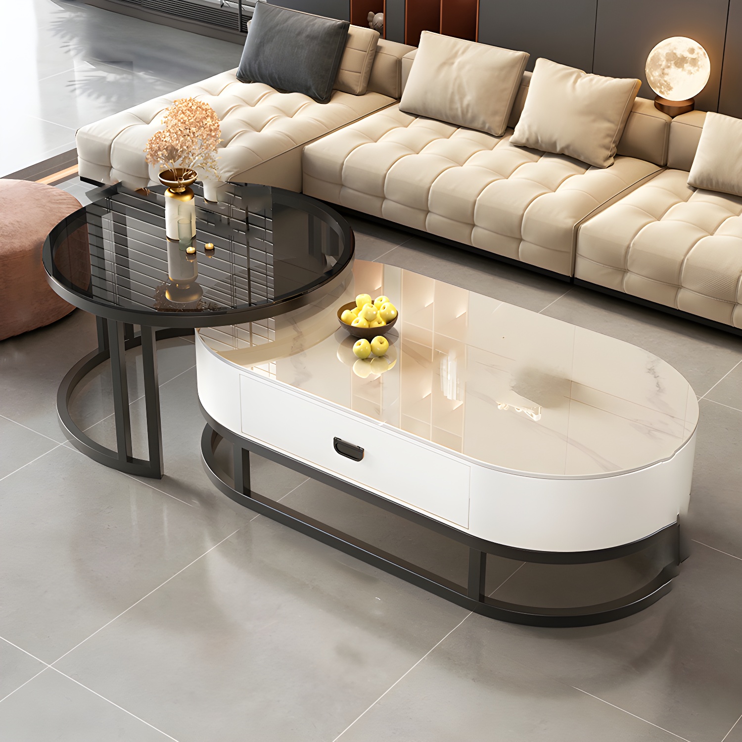 Set of 2 Modern Nesting Stone Coffee Tables with Metal Frame and Drawers