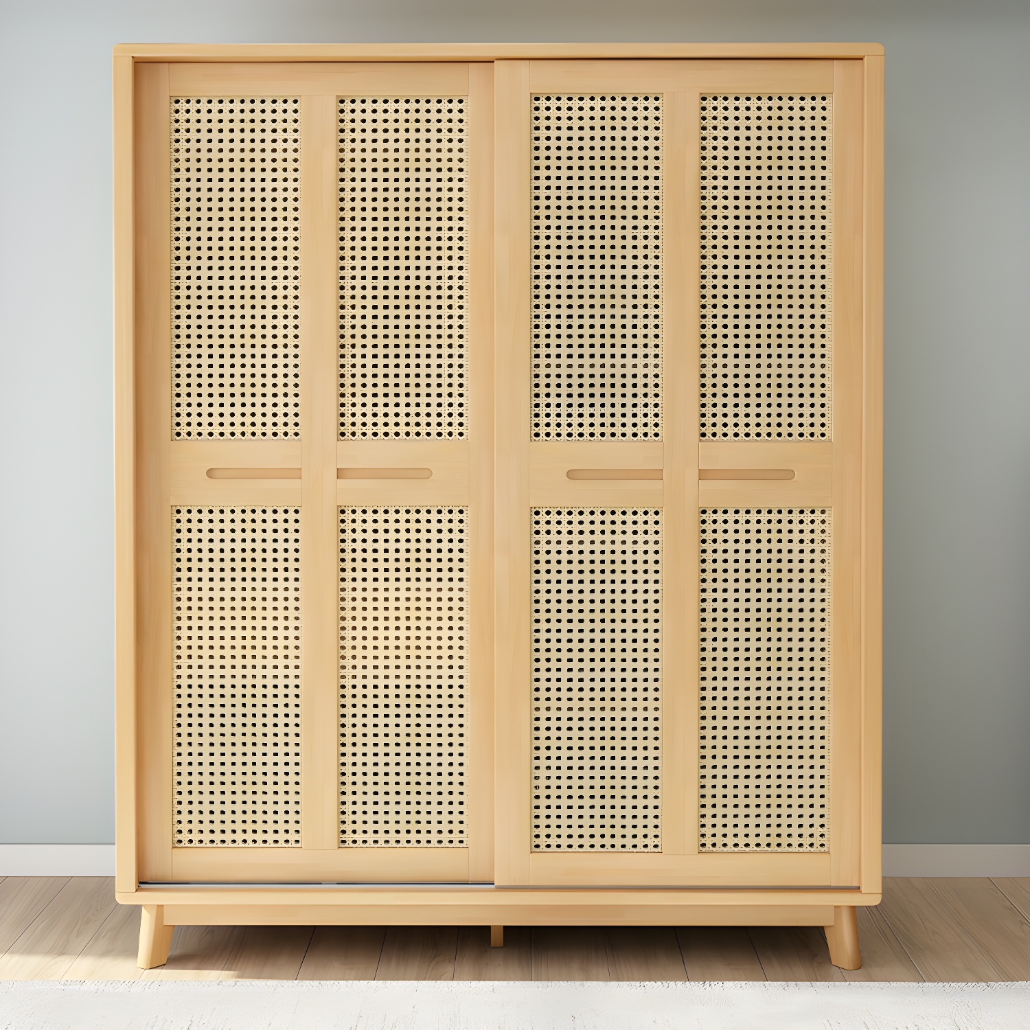 Scandinavian Wood Rattan Cabinet Doors Wardrobe with Clothing Rod and Four Feet