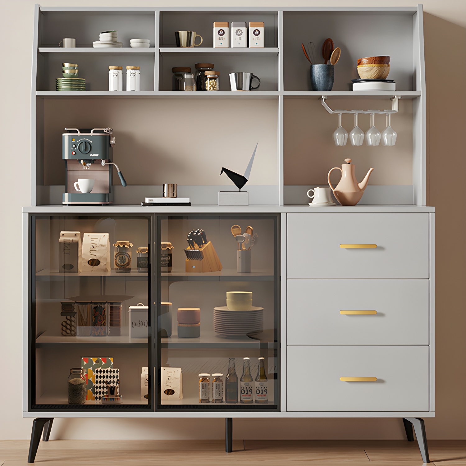 Glass Door Modern Wooden Kitchen Sideboard with Adjustable Shelving - image 3