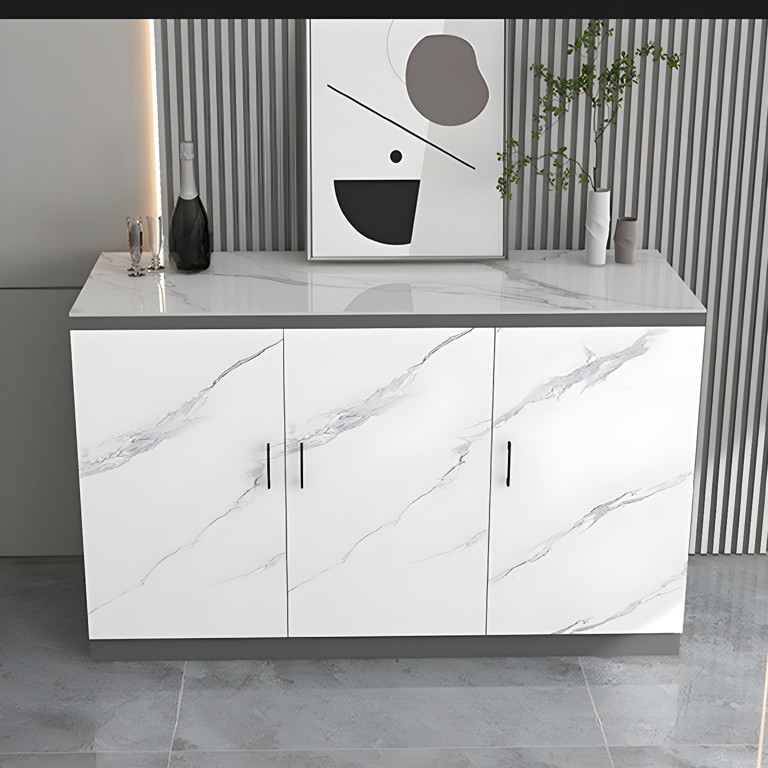 White Modern Wood Server with Stone Countertop and Cabinet Included - image 3