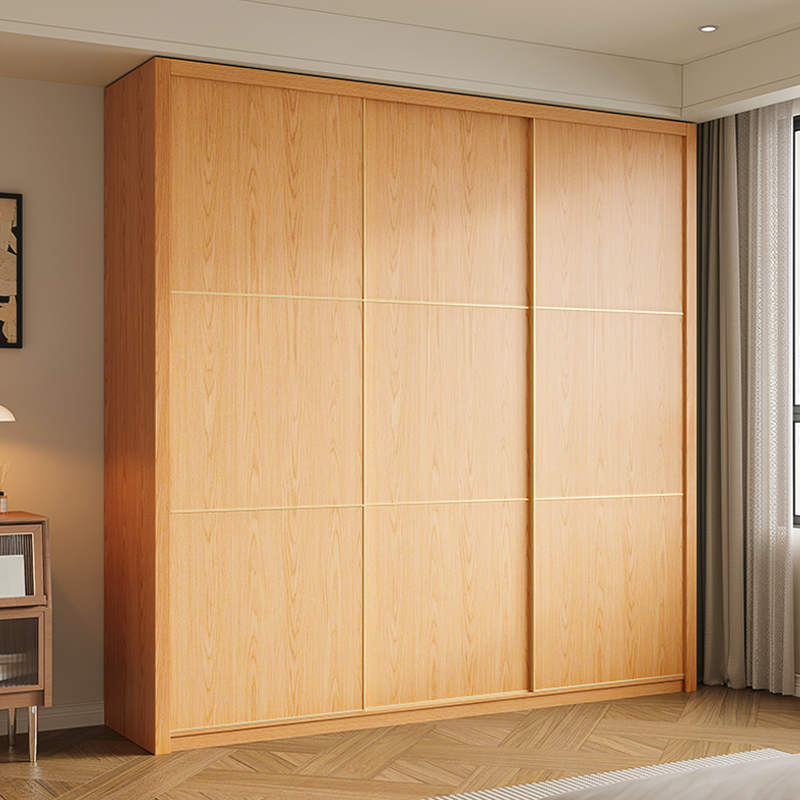 Wood Grain Minimalist Natural Wood Wardrobe Closet with Soft Close Drawer, Soft Close Door, Interior Shelves, and Clothing Rod