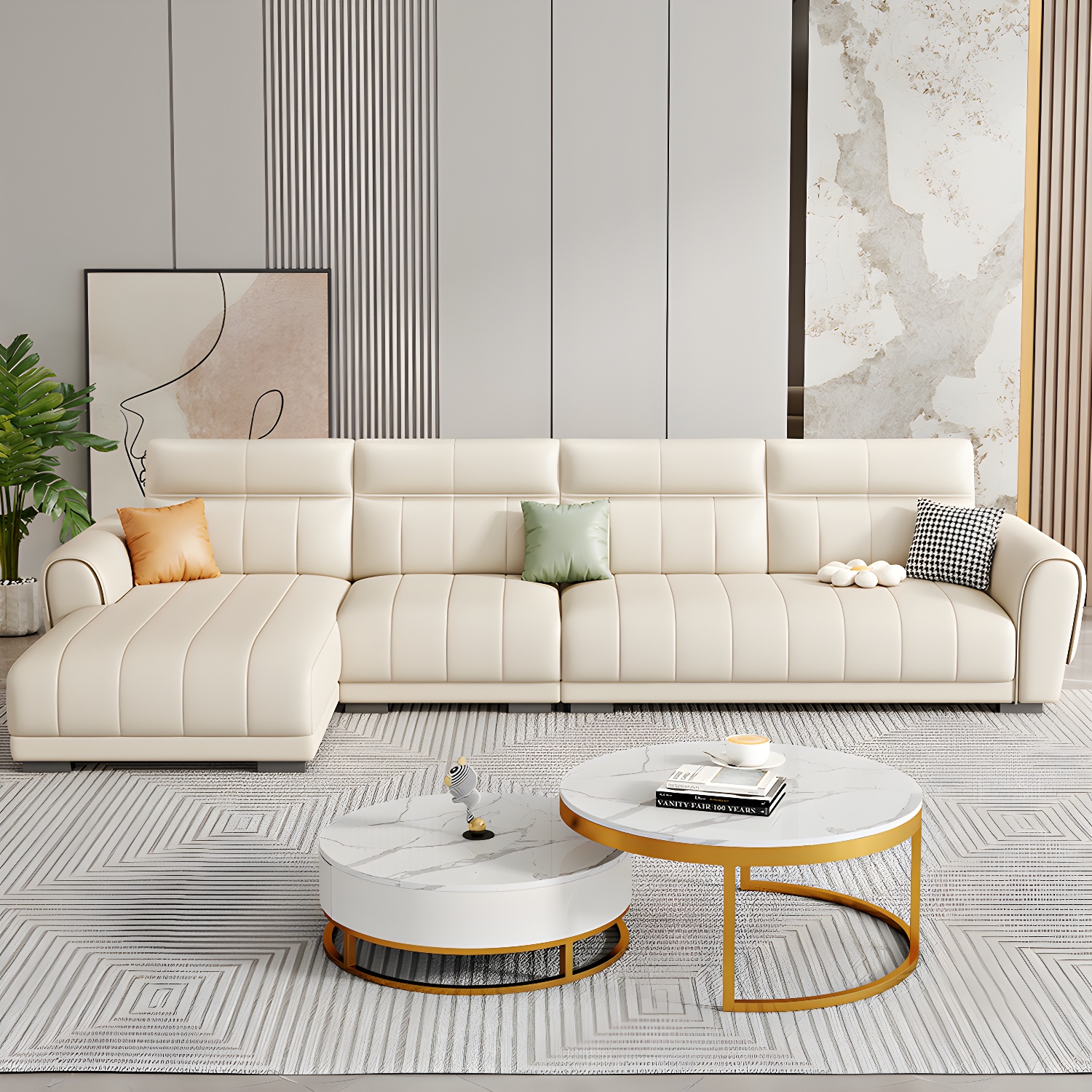 Scandinavian Wood Frame Beige Faux Leather Sectional with Cushion Back