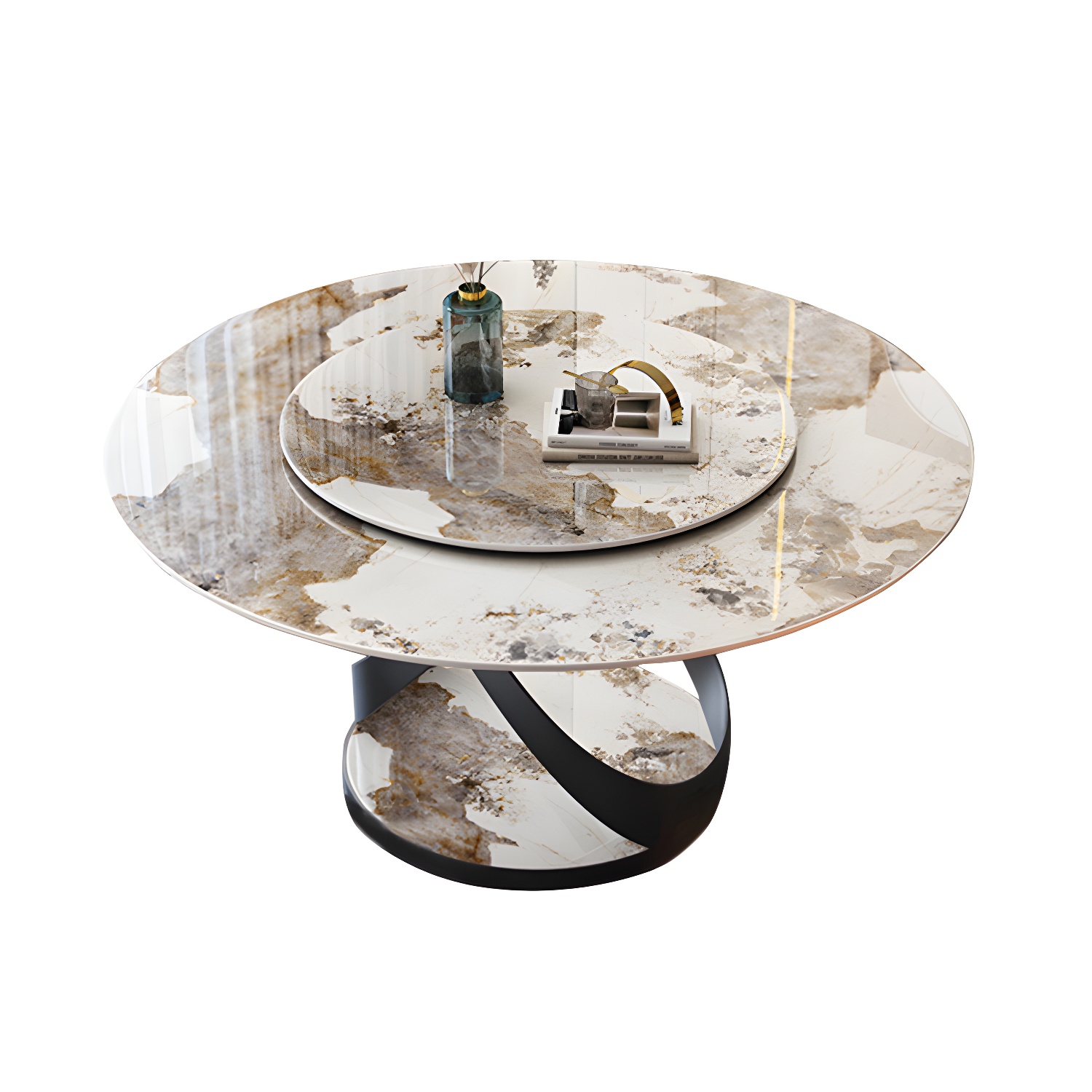 Modern Round Stone Top Lazy Susan Dining Table with Black Steel Pedestal - image 3