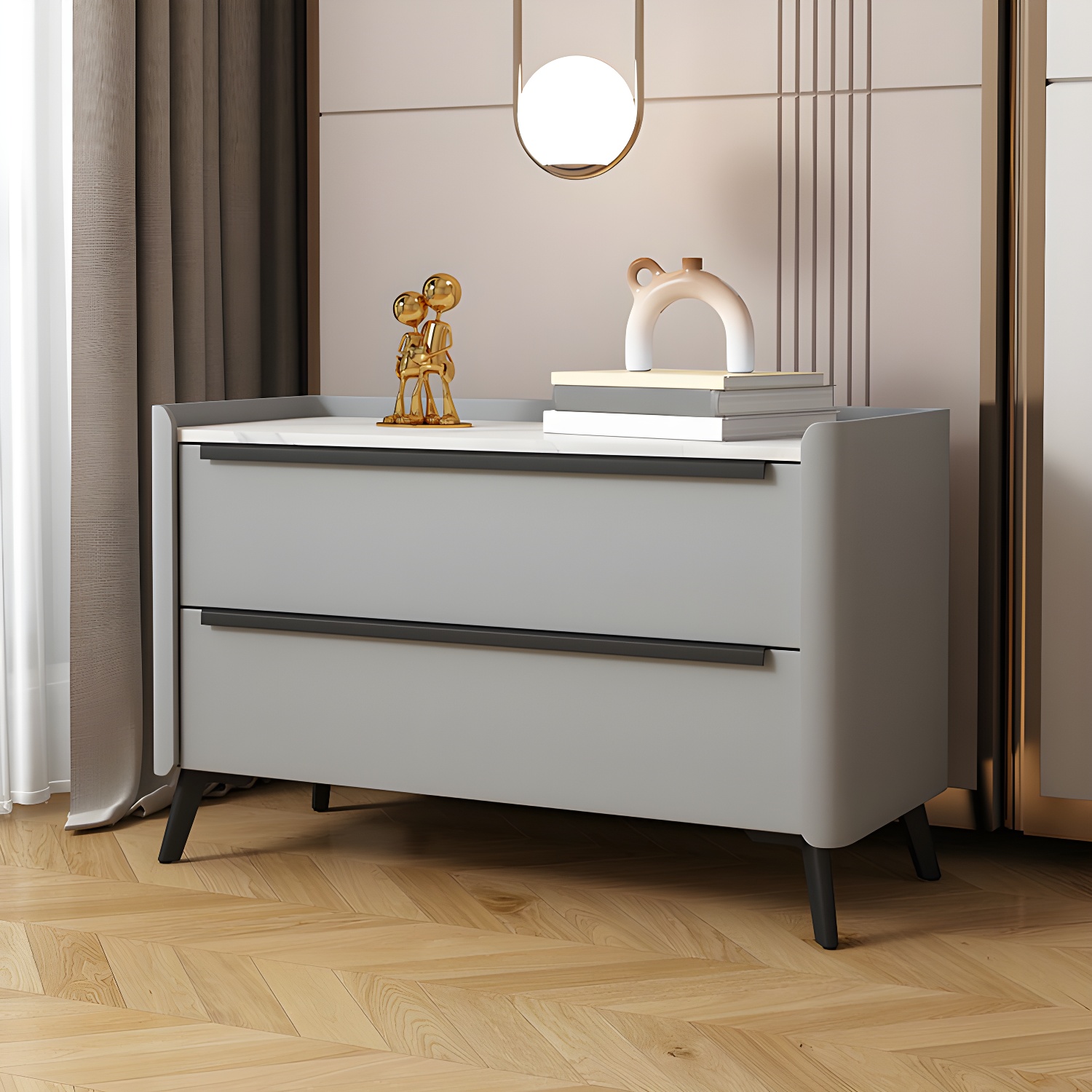 Modern Faux Leather Top Nightstand with Two Drawers and Stone Countertop - image 4