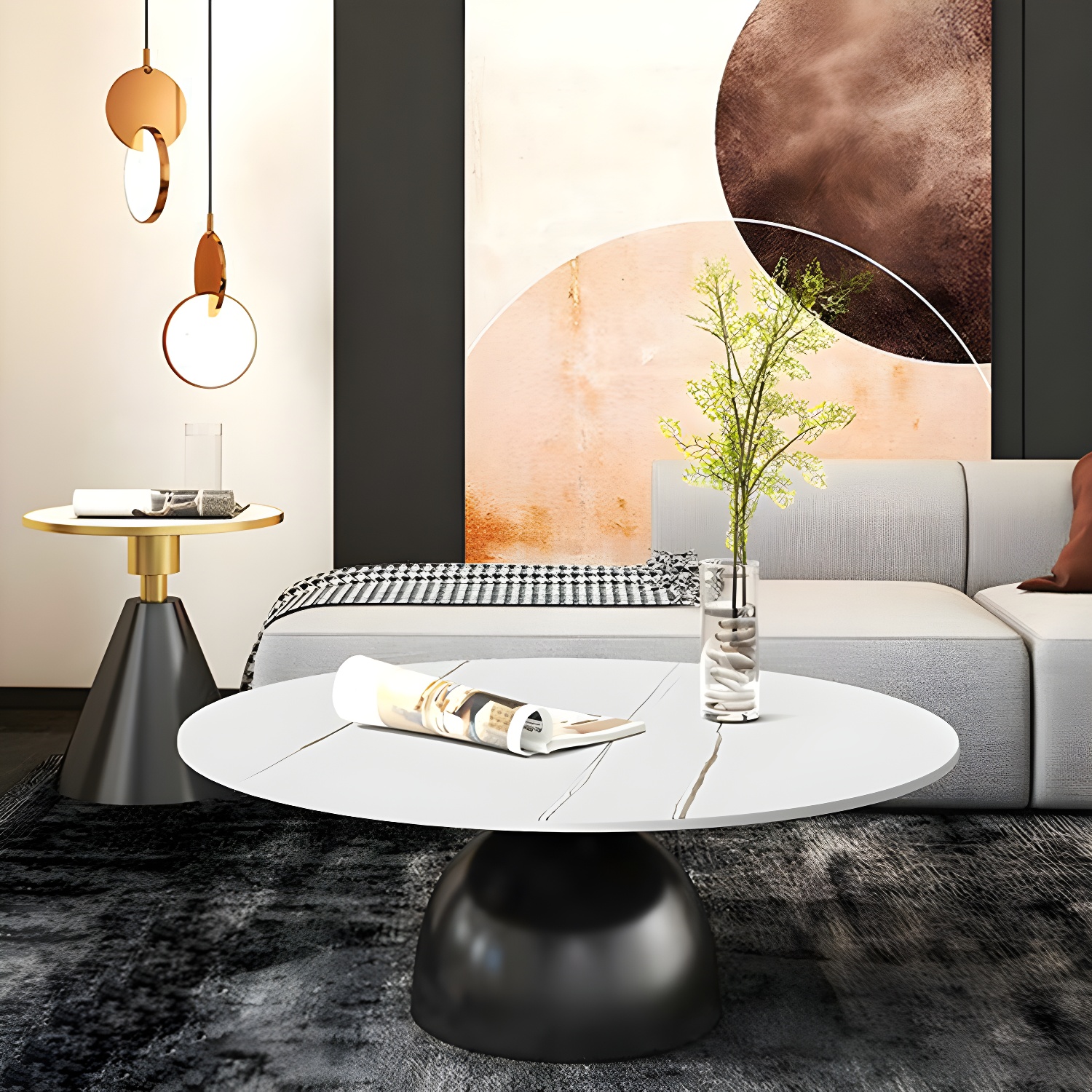 Round Stone Glam Coffee Table with Pedestal Iron Base and Built-in Storage - image 5