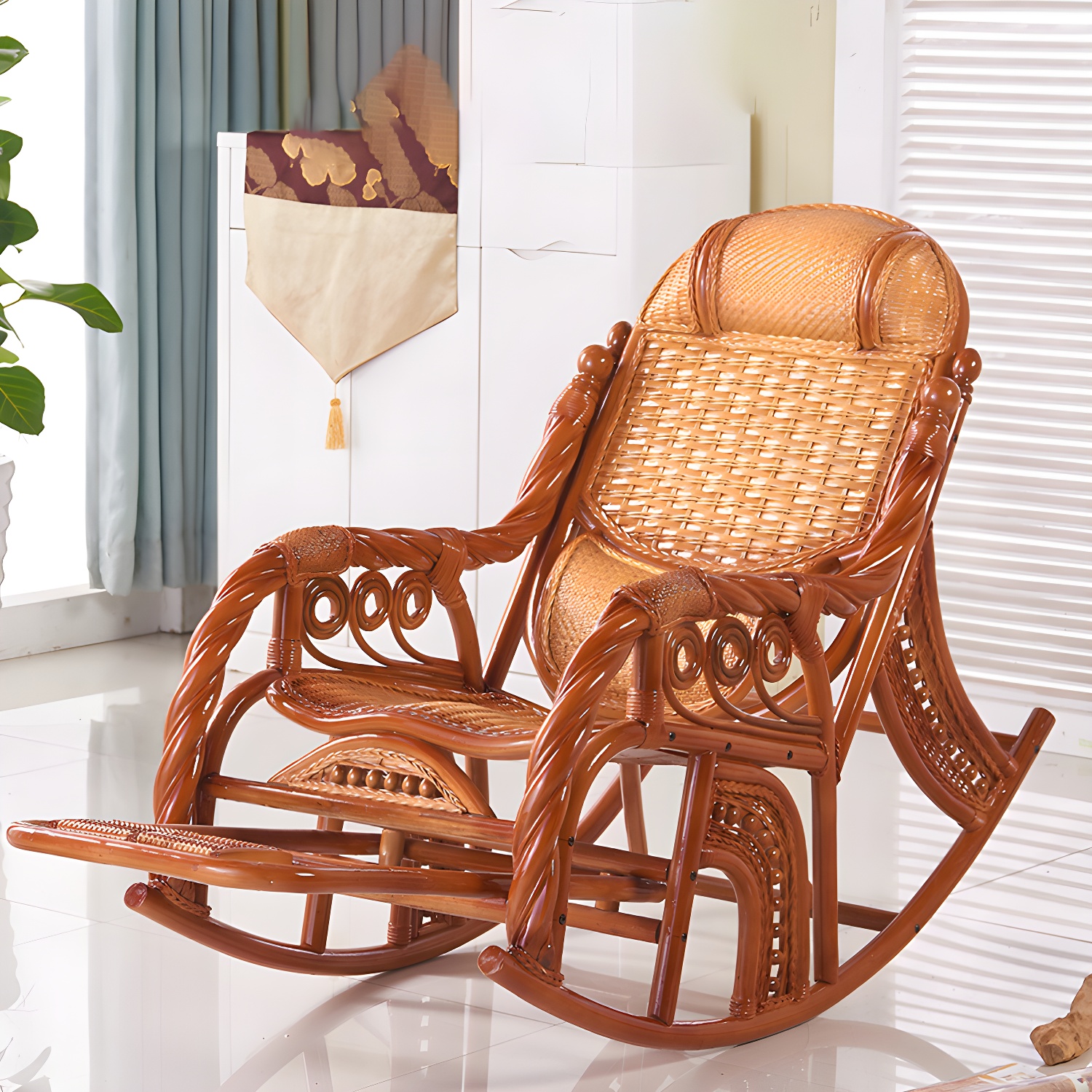 Traditional Spindle Rocking Accent Chair Tobacco Finish Rocker Chair Reclining - image 7
