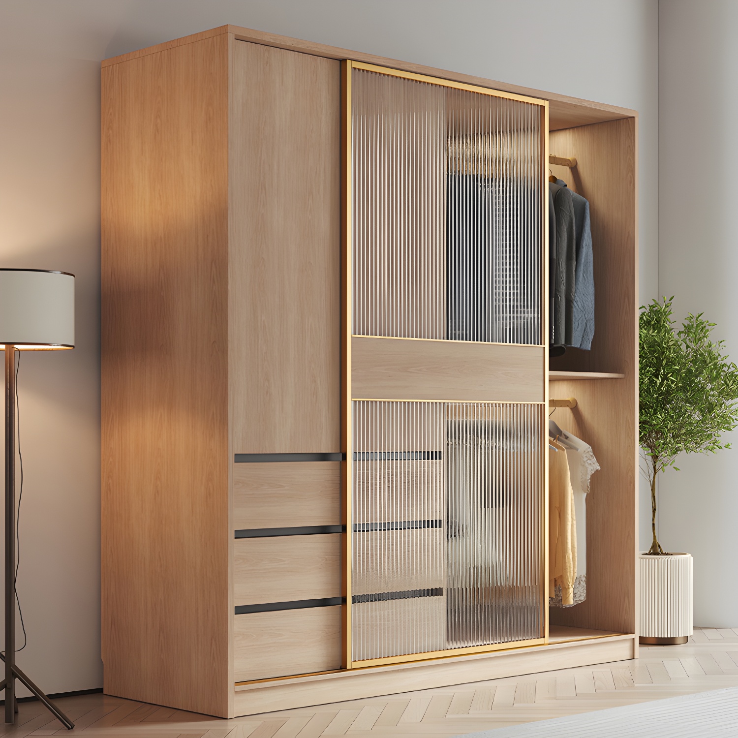 Contemporary Glass Sliding Doors Wardrobe Natural Wood Wardrobe with Drawers - image 4