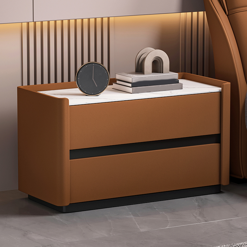 Modern Faux Leather Nightstand with 2 Drawers in Stone Countertop - image 9