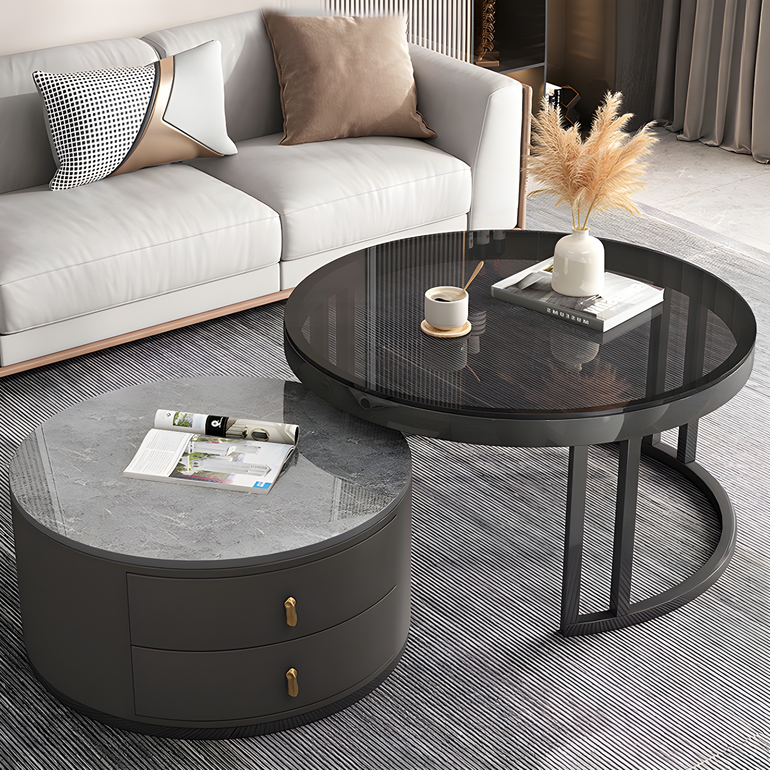 Round Nesting Coffee Table Set Frame Modern Storage Coffee Table - image 13