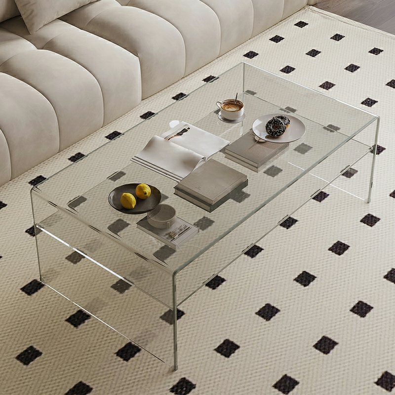 Rectangular Glass Modern Coffee Table with Transparent Top and Sleek Glass Base