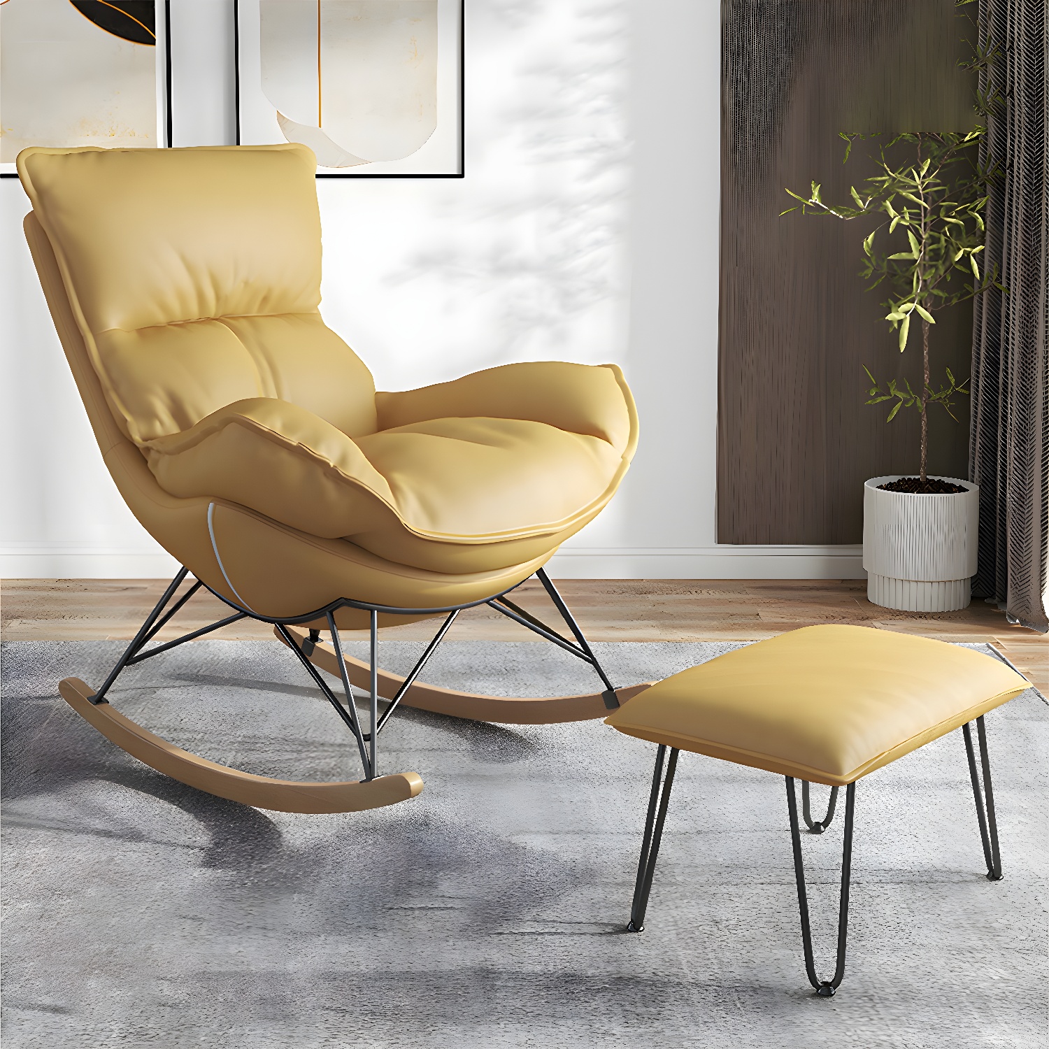Modern Upholstered Rocking Chair and Ottoman Set - Natural Wood Legs, Stylish Design for Home Decor - image 8