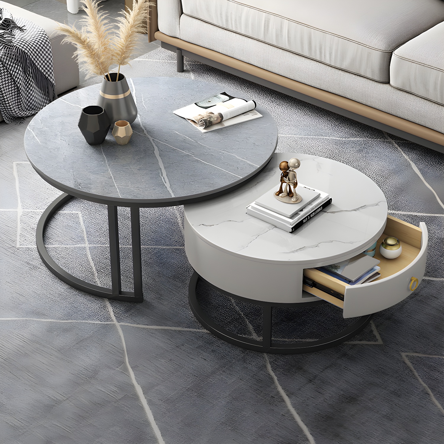 Contemporary Nesting Coffee Table Set Stone Frame Coffee Table Set