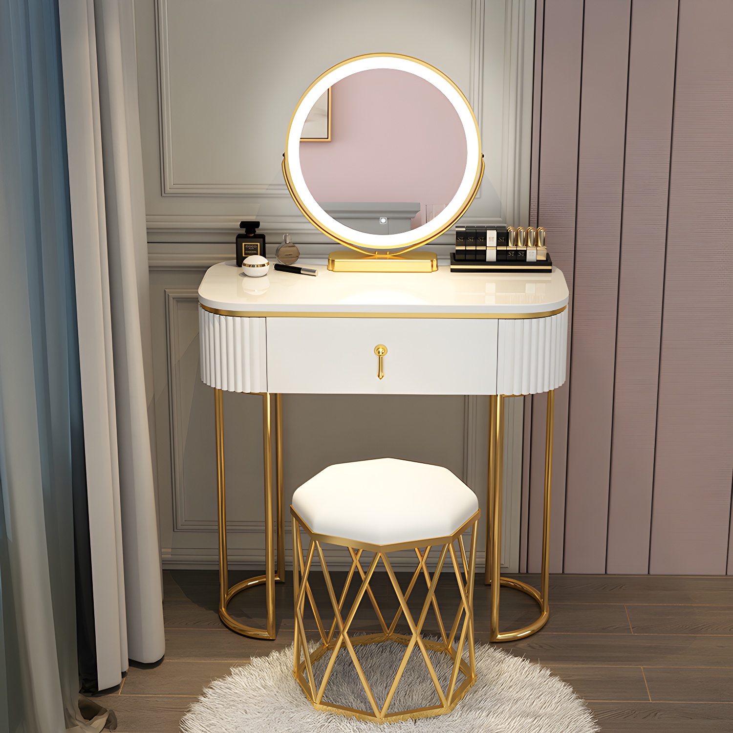 Glam Bedroom Vanity Dressing Table Wood Vanity Dressing Table Set