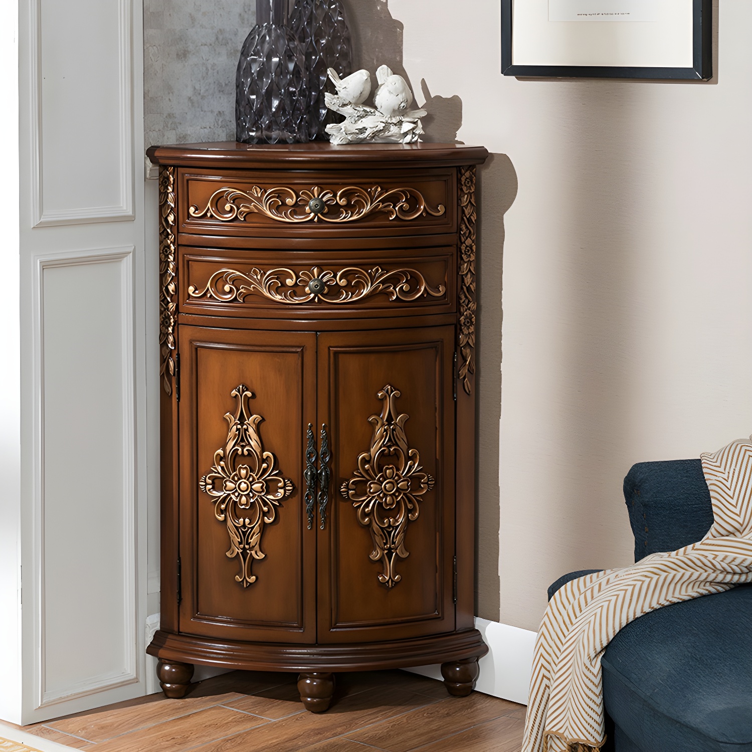 Traditional Bar Pulls Solid Wood Corner Accent Cabinet with Doors - image 3