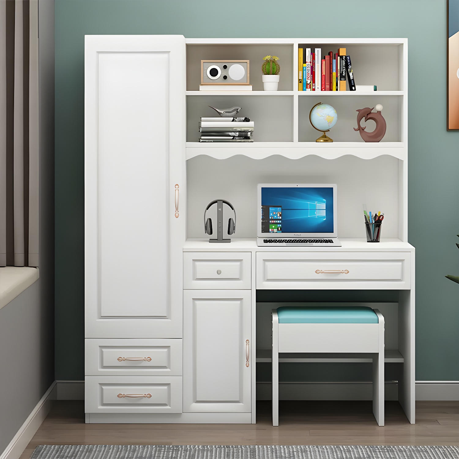 Modern White Wardrobe Armoire with Drawers & Clothing Rod Included