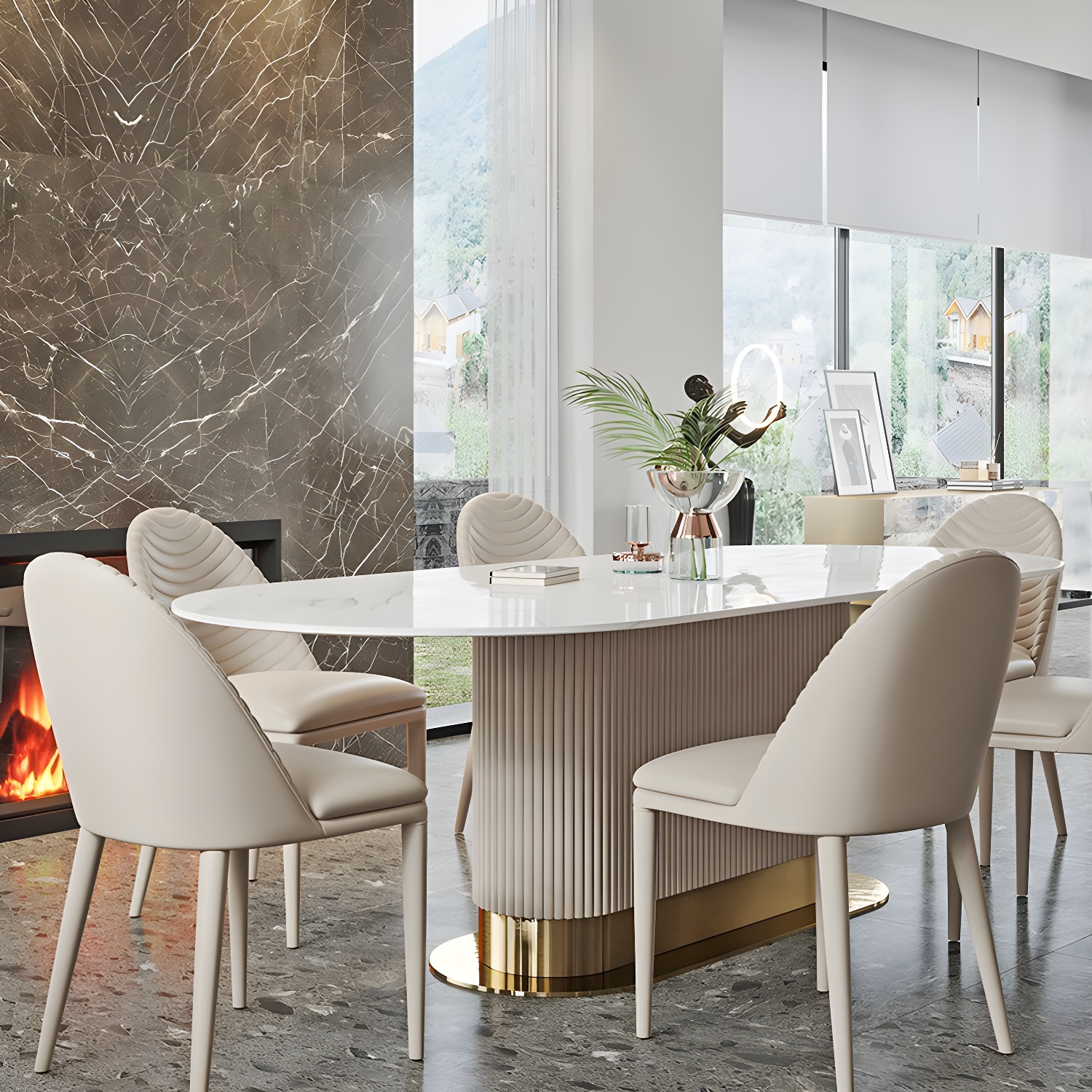 Oval Shape Fixed Kitchen Table Sintered Stone Pedestal Dining Table