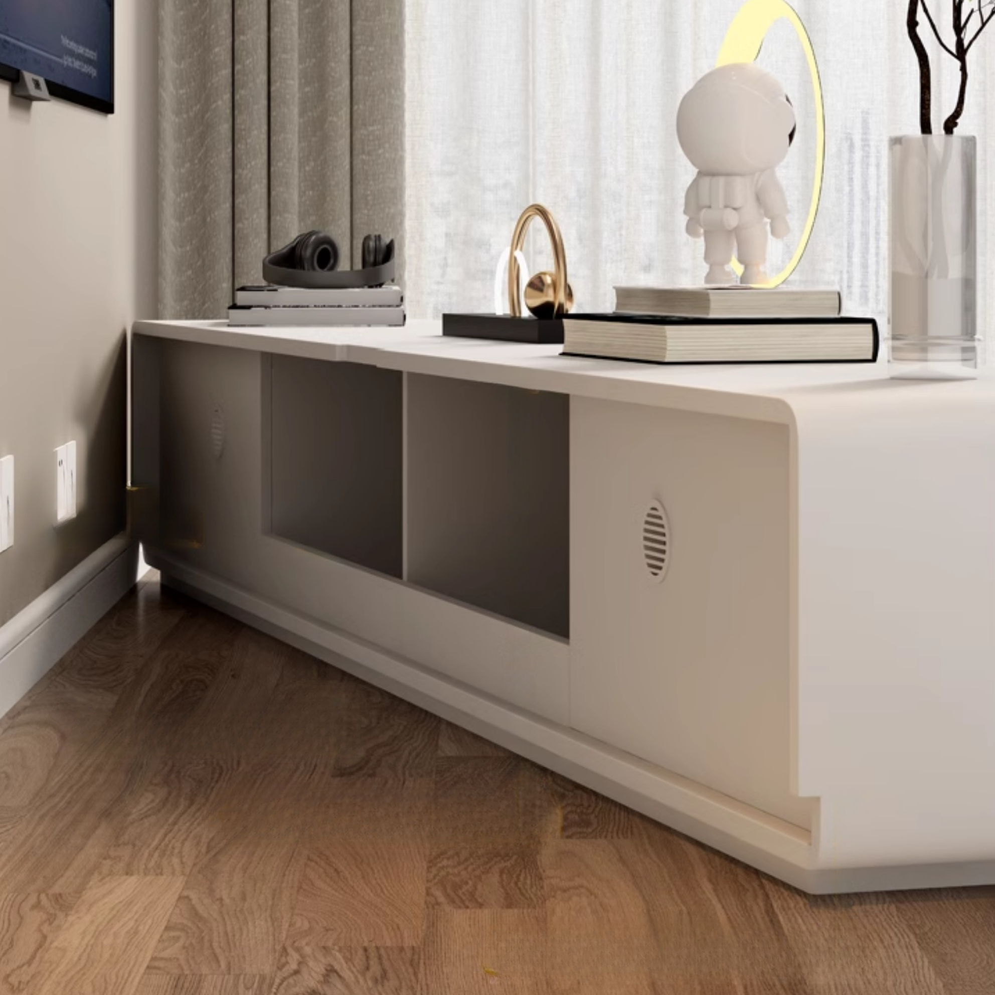 Simple White Lumber TV Stand with Cable Management & 3 Drawers/4 Drawers/6-Drawer - image 5