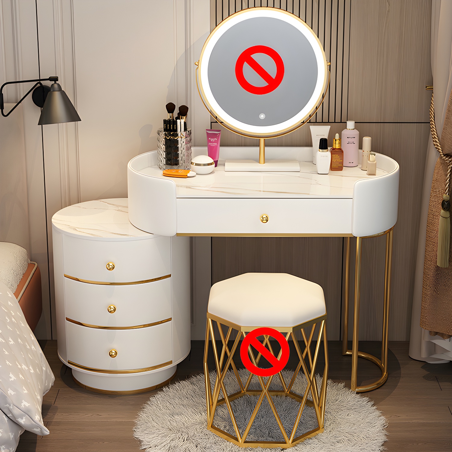Modern Bedroom Metallic Lighted Mirror With Drawer Makeup Vanity Set - image 3