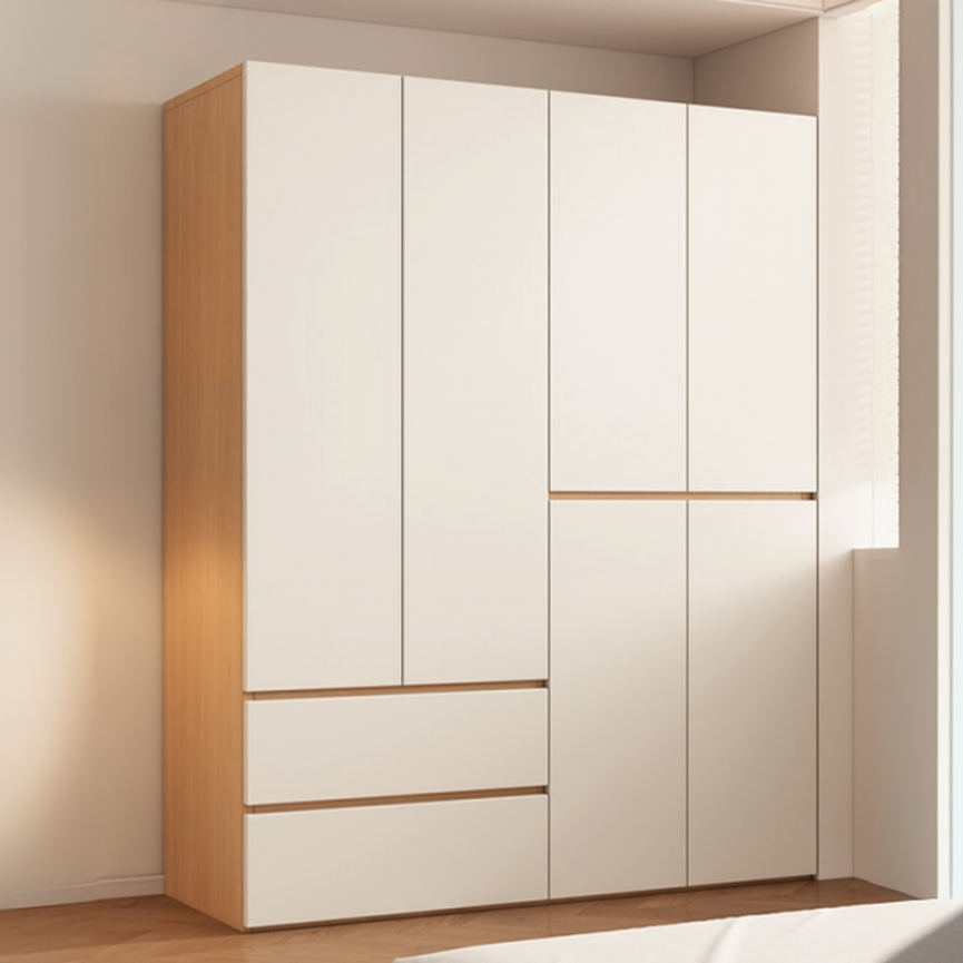 Wood Grain Minimalist Laminate Wardrobe Closet with Soft Close Drawer, Soft Close Door, Interior Shelves, and Clothing Rod