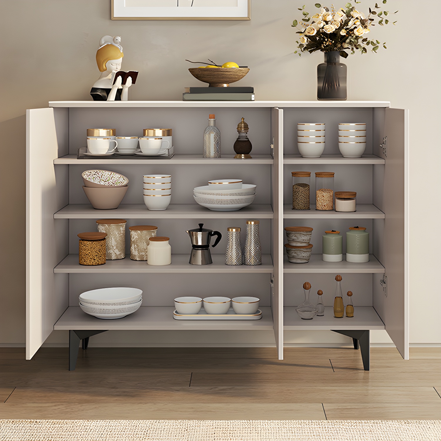 Modern White Wood Sideboard Credenza with Adjustable Shelving and 6 Interior Shelves - image 11