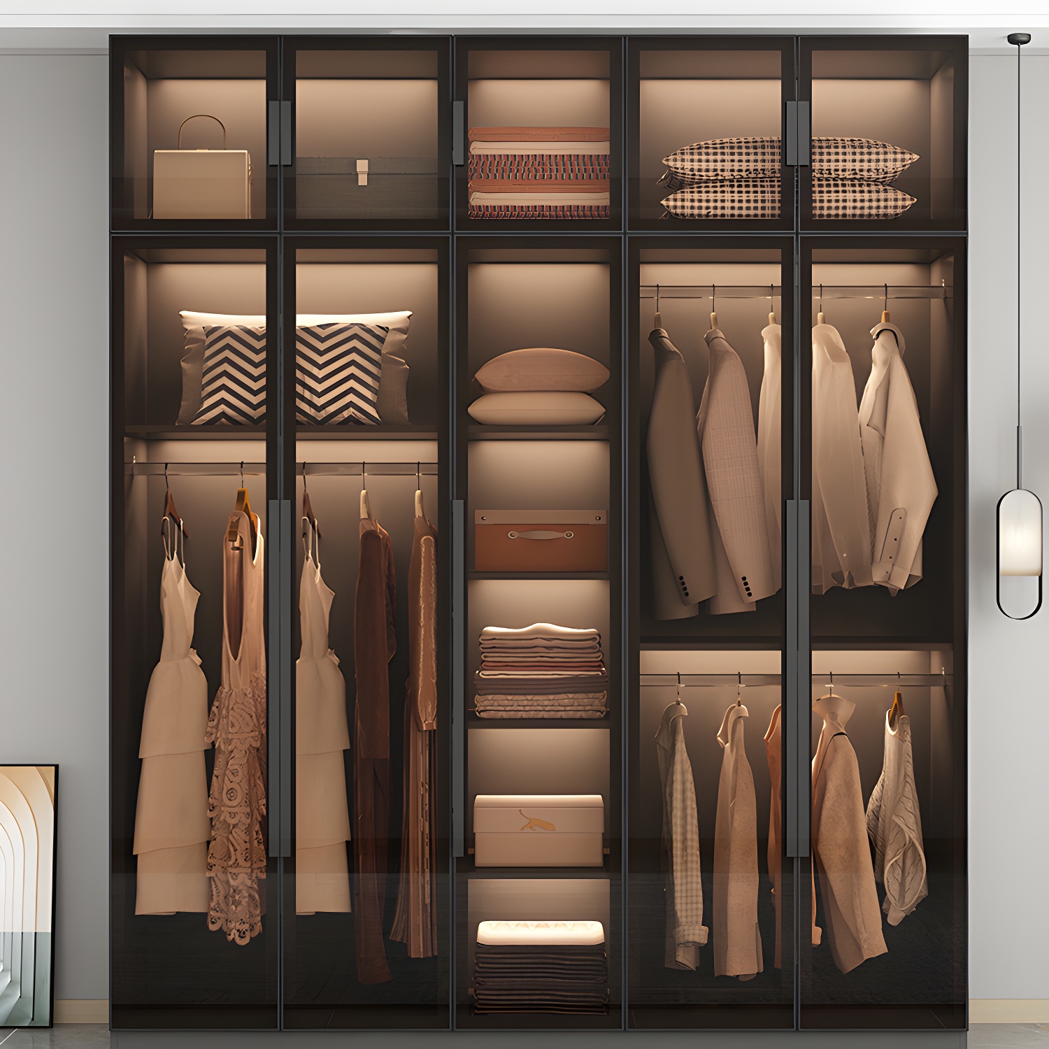 Modern Wooden Frame Wardrobe Freestanding Multifunctional Wardrobe Tempered Glass Doors