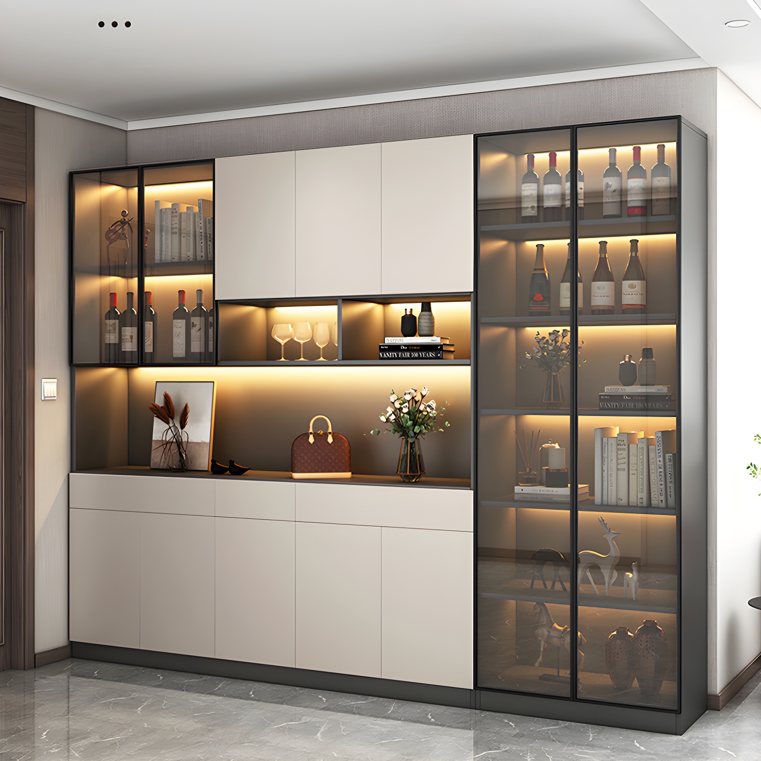 Accent Cabinet Rectangle Contemporary Glass Wood with Shelves