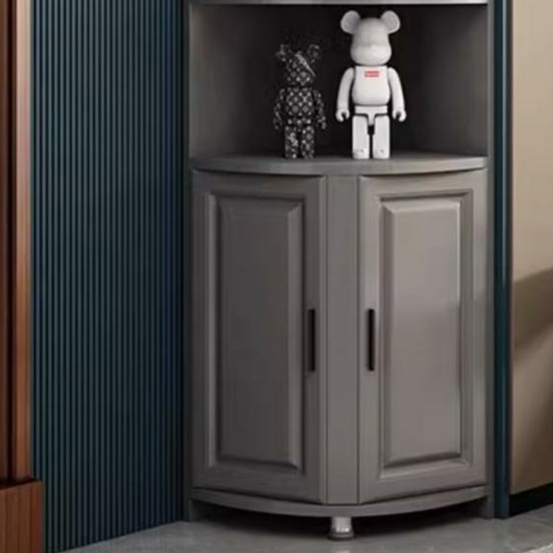 Modern Grey Corner Accent Cabinet with Gold Metal Base and Glass Doors - image 5