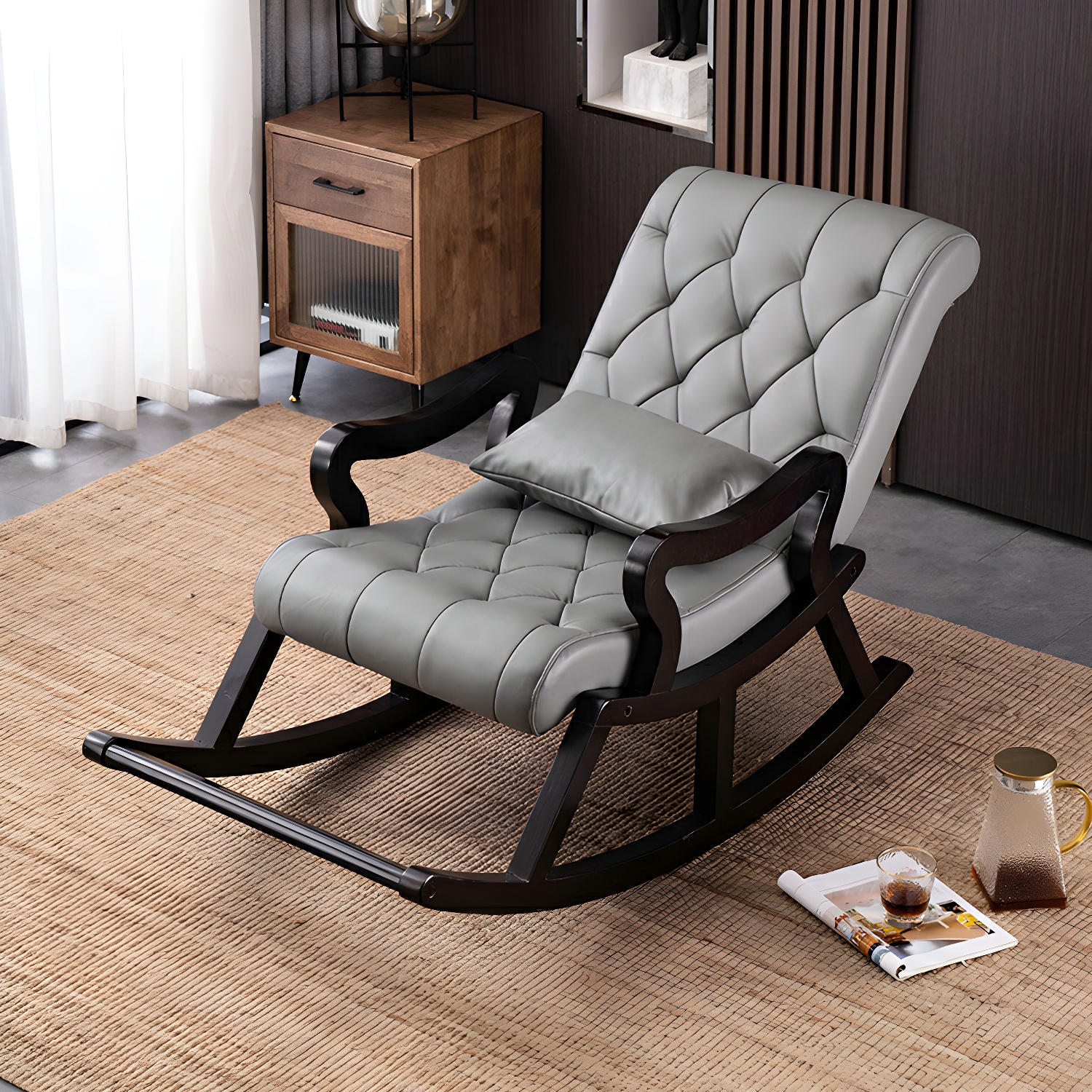 49" Wide Solid Wood Faux Leather Rocking Accent Chair with Legs - image 7