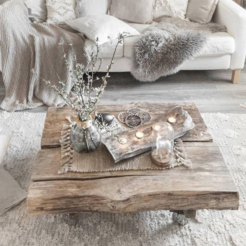 Classic Weathered Wood Wagon Wheel Pine Square Coffee Table with Rotating Roller Wheels for Home - image 4