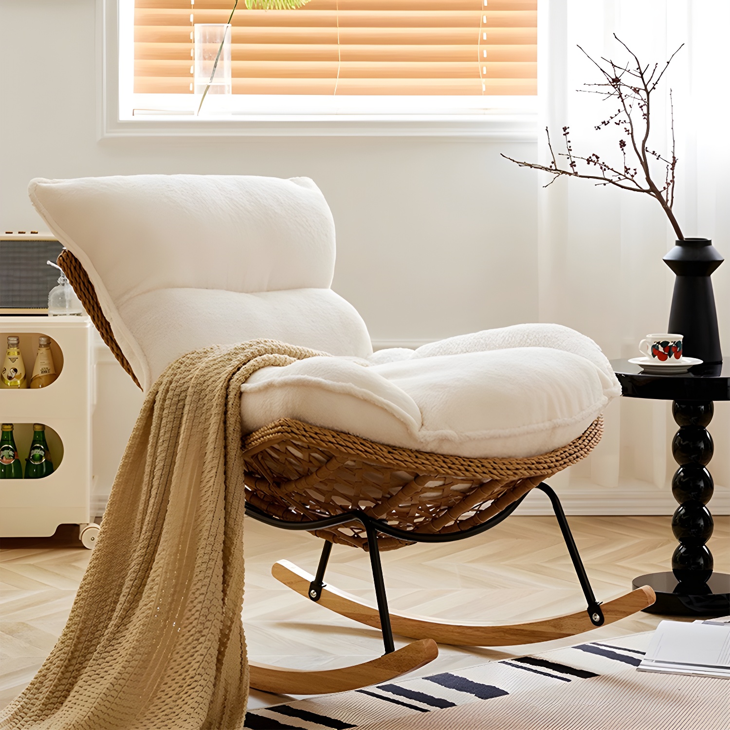 Elegant Walnut Wood Rocking Chair for Modern Living - Upholstered Seating and Stylish Track Arms - image 9