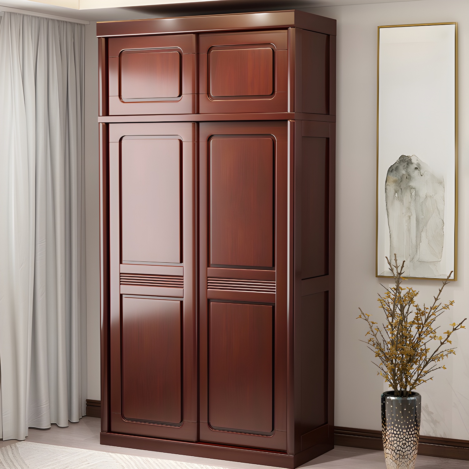 Traditional Wardrobe Cabinet Rubberwood Brown Wardrobe Armoire - image 4