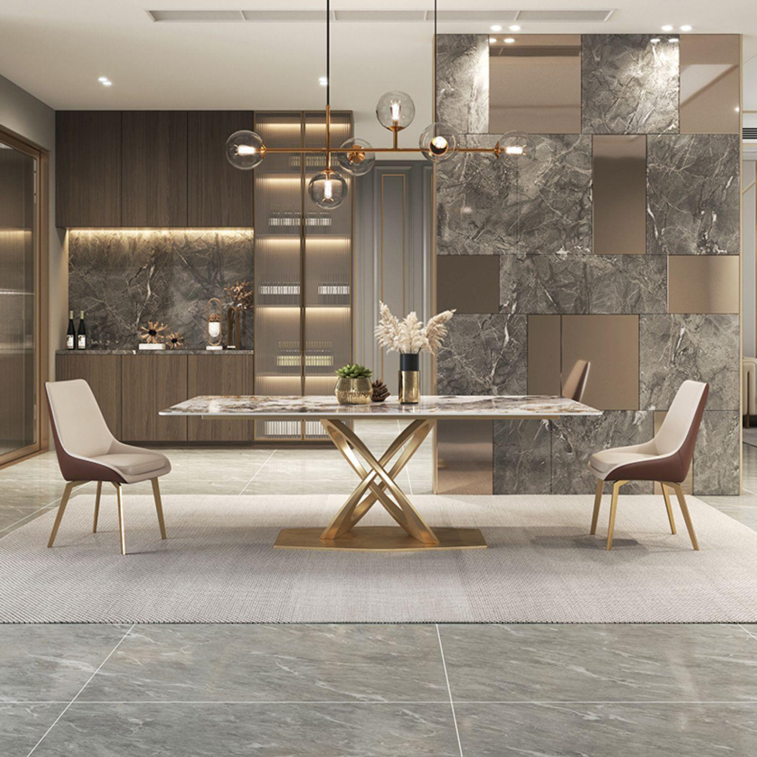 Glossy Beige Dining Table Set 1/2/5/7 Pcs Glam Dinette Set with Leather Chairs - image 12