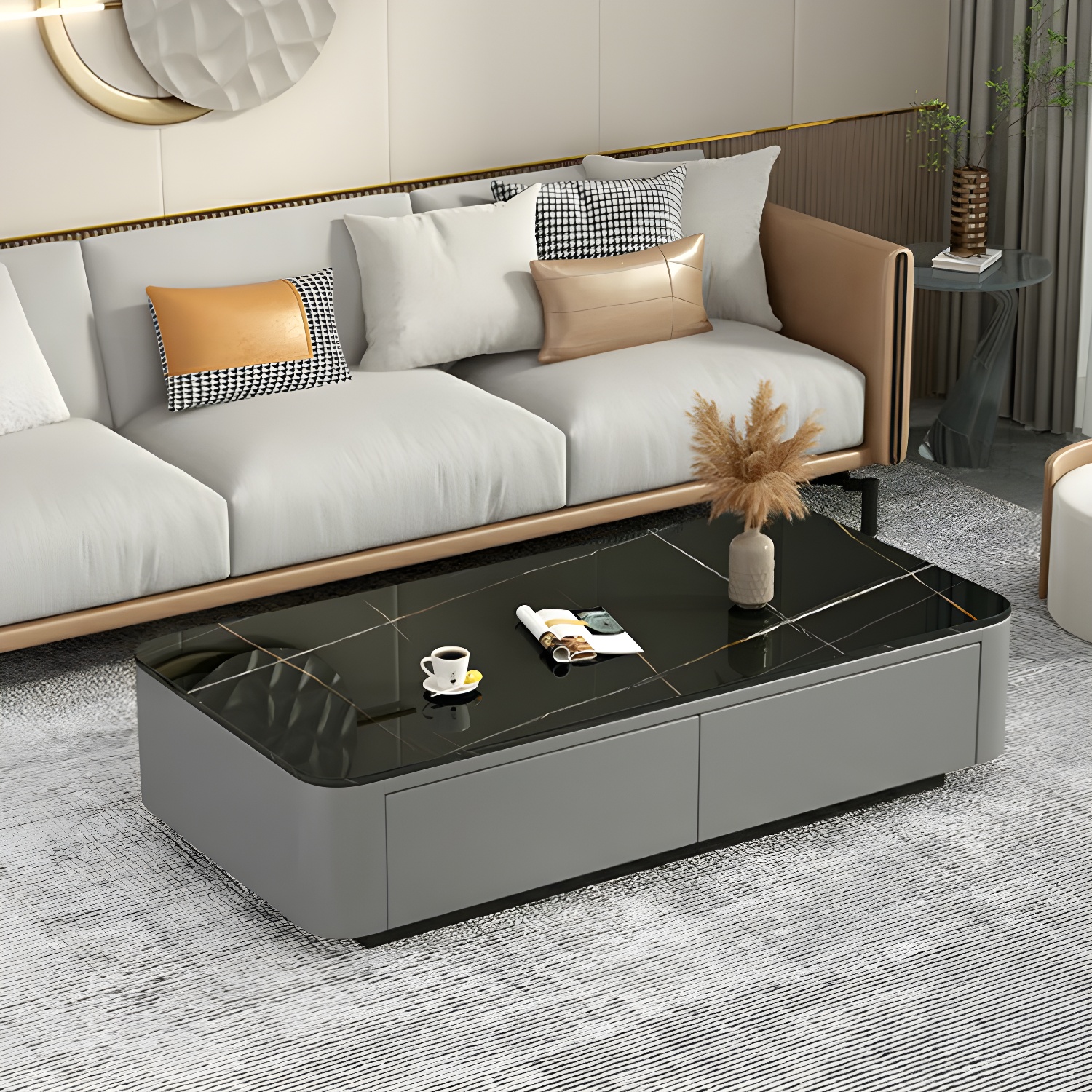 Modern Rectangular Coffee Table with Tempered Glass Top & Black Wood Base - image 11