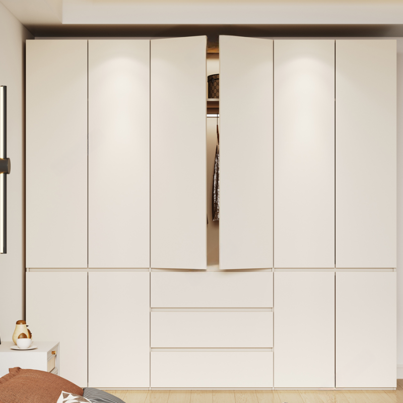 Beige Manufactured Wood Independent Wardrobe Closet with Soft Close Drawer, Soft Close Door, Interior Shelves, and Articulated Mechanism
