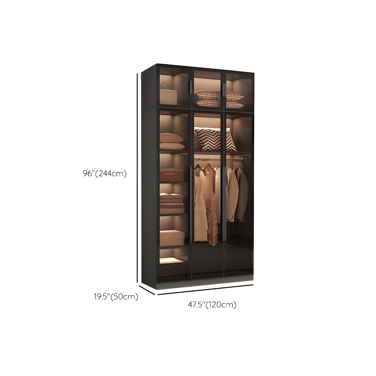 Freestanding Grey Wood Frame Wardrobe Modern Multifunctional Wardrobe with Glass Doors - image 17