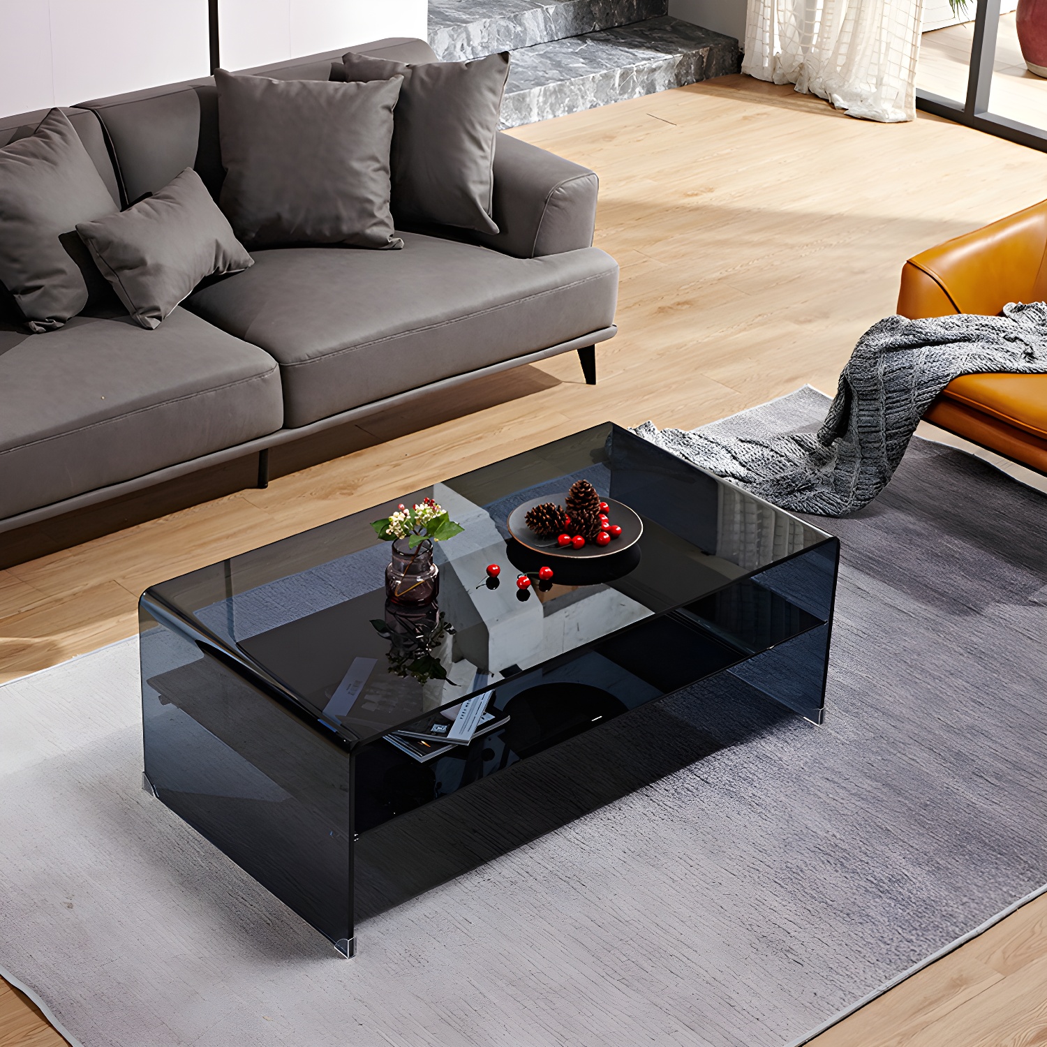 15.7"H Modern Sled Base White/black Glass Square Coffee Table with Shelf - image 4