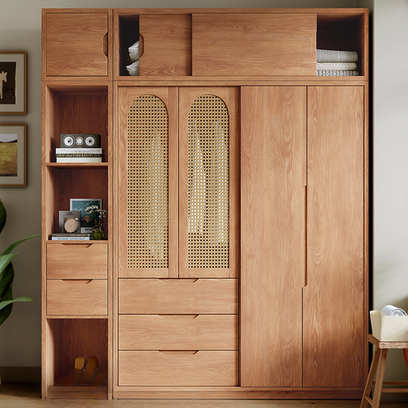 Unfinished Color Simple Oak Wood Wardrobe with Soft Close Drawer, Soft Close Door, Interior Shelves, and Clothing Rod