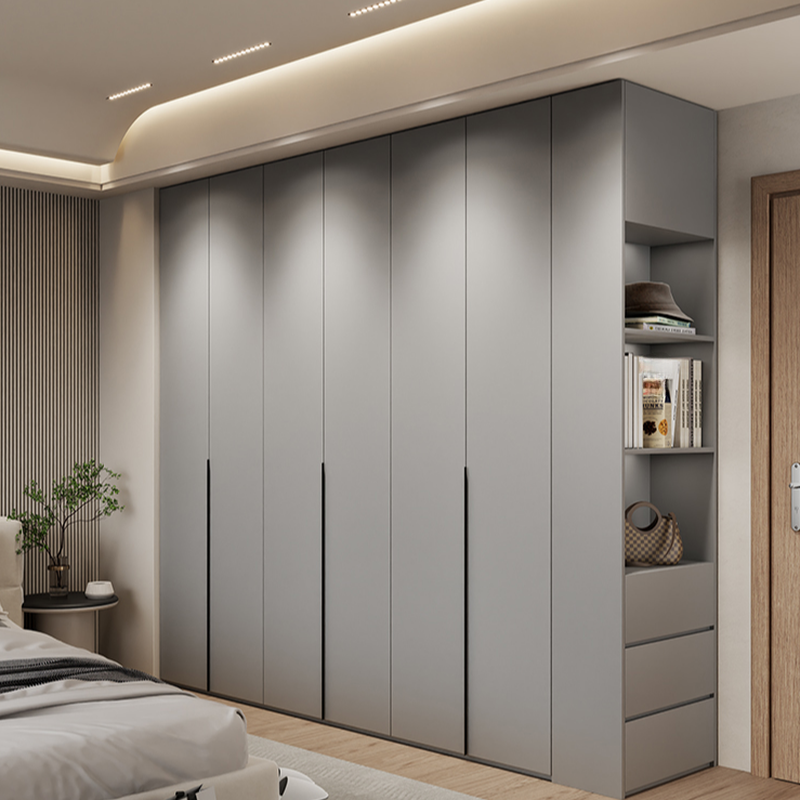 Dove Grey Minimalist Manufactured Wood Wardrobe Closet with Compartments, Soft Close Door, Interior Shelves, and Clothing Rod