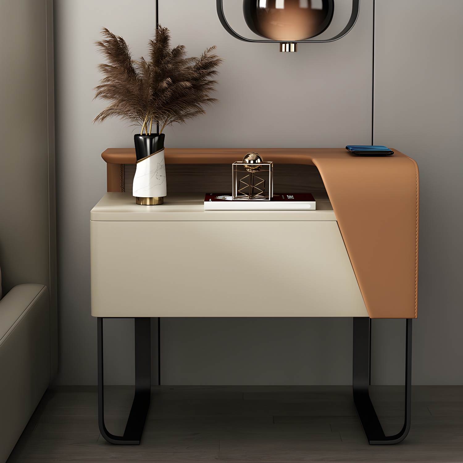 Modern Wooden Nightstand 19" Tall Sled Bedside Cabinet with Drawer - image 10