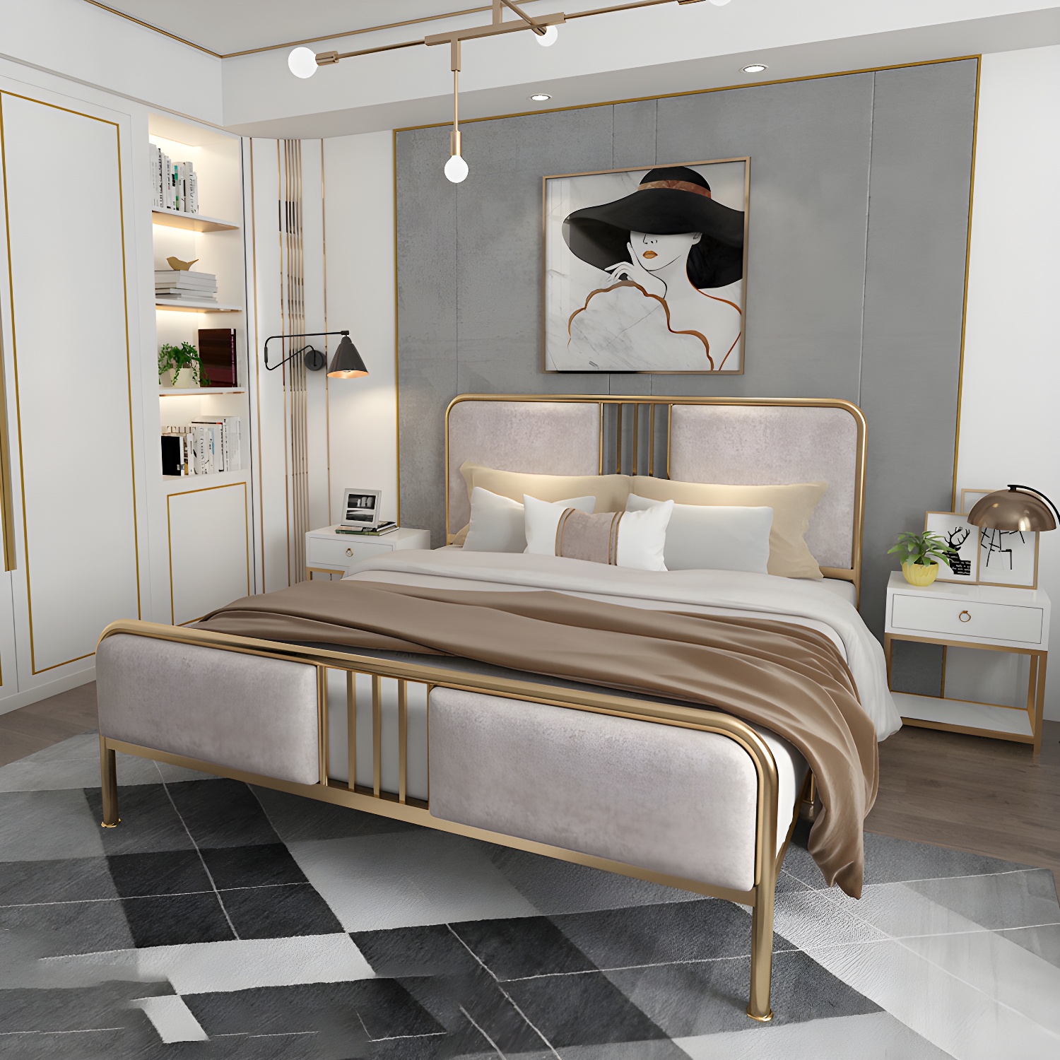 Glam Metallic Open-Frame Bed with Fabric Upholstered Headboard