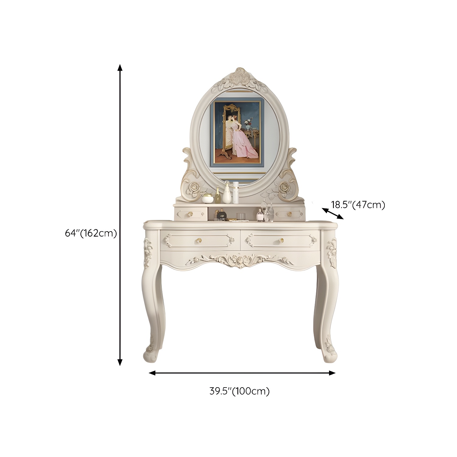Elegant White Victorian Makeup Vanity Set with Wood Top & Mirror & Drawers & Upholstered Chair - image 13